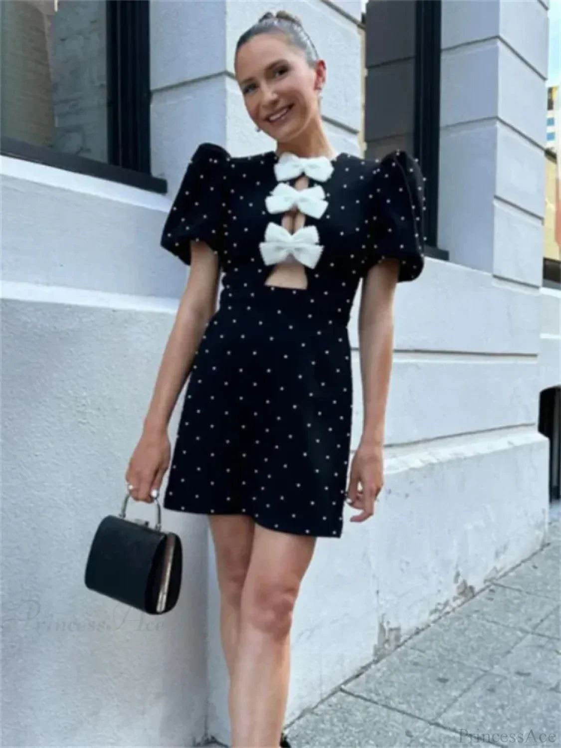 Pearl Embellished Puff Sleeve Crew Neck Stacked Bow Front Cut Out Mini Dress
