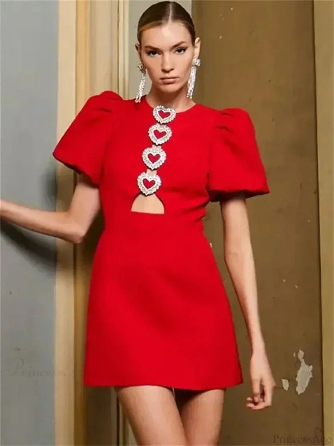 Pearl Embellished Puff Sleeve Crew Neck Stacked Bow Front Cut Out Mini Dress