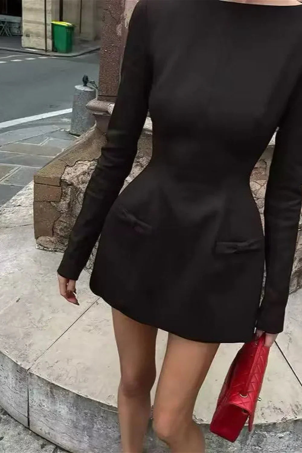 Crew Neck Long Sleeve Pocket Flap A-Line Mini Dress