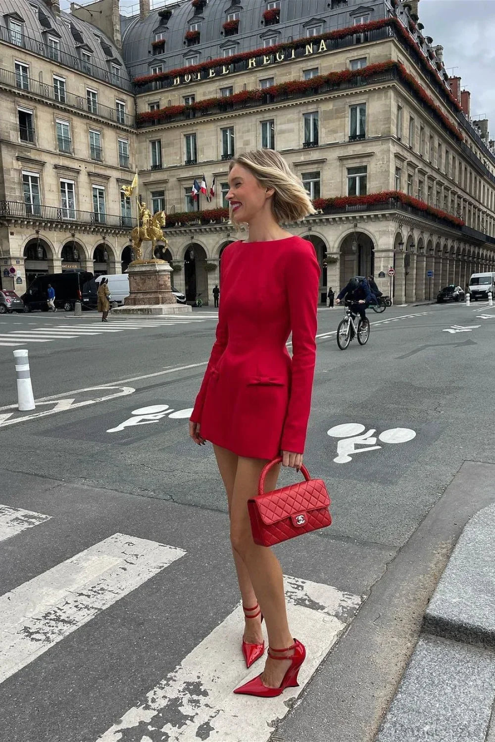 Crew Neck Long Sleeve Pocket Flap A-Line Mini Dress