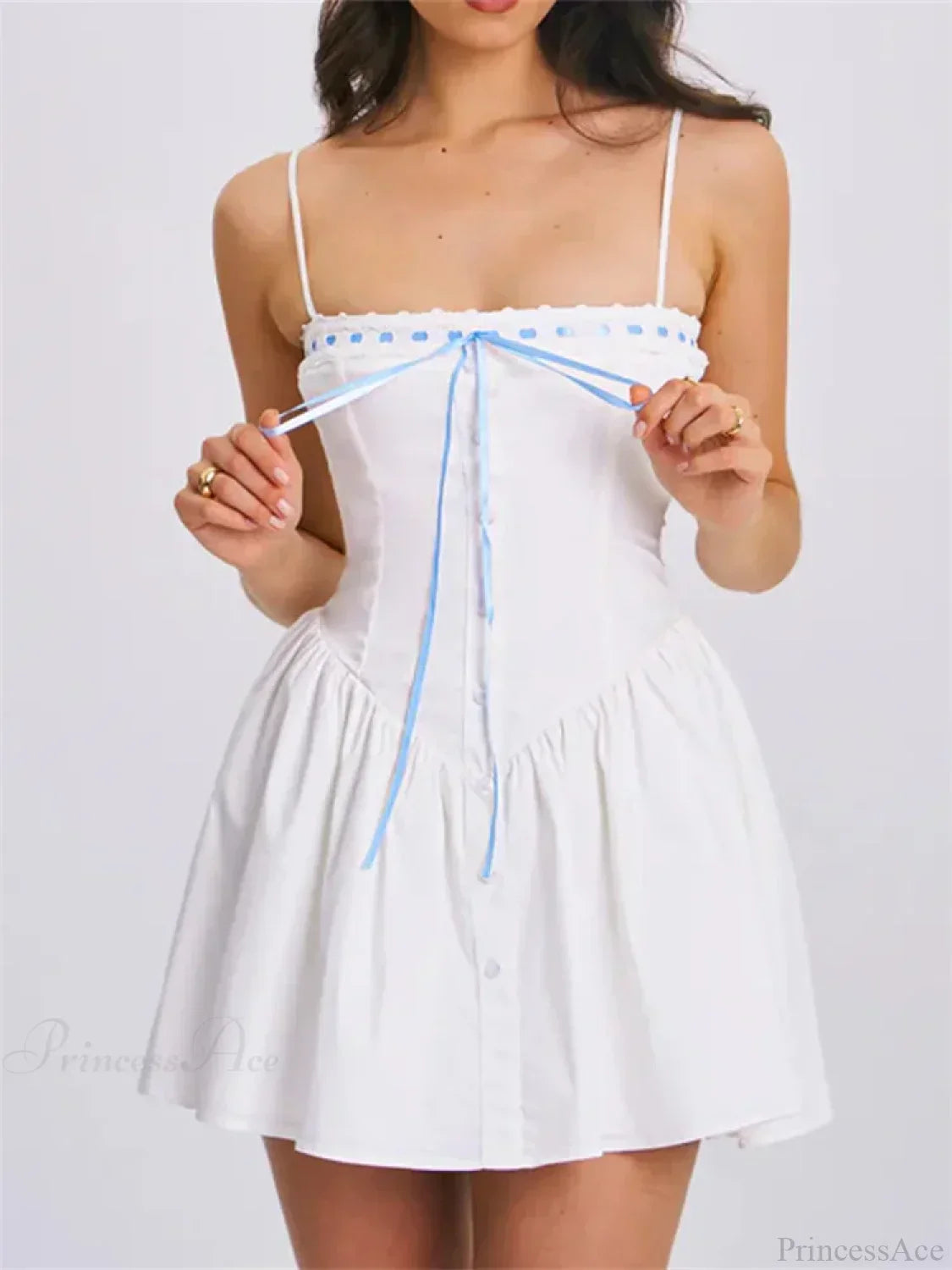 Square Neck Eyelet Lace Ribbon Bow Button Front Drop Waist Fit-and-Flare Mini Dress