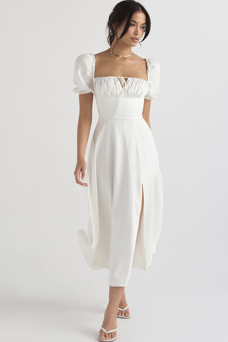 Square Neck Ruched Tie-Front Puff Sleeve High Slit A-Line Midi Dress
