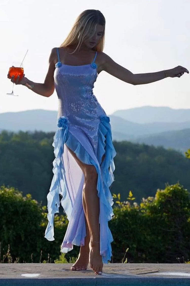 Square Neck Spaghetti Strap Rosette Trim Sequin Ruffle High Slit Maxi Gown