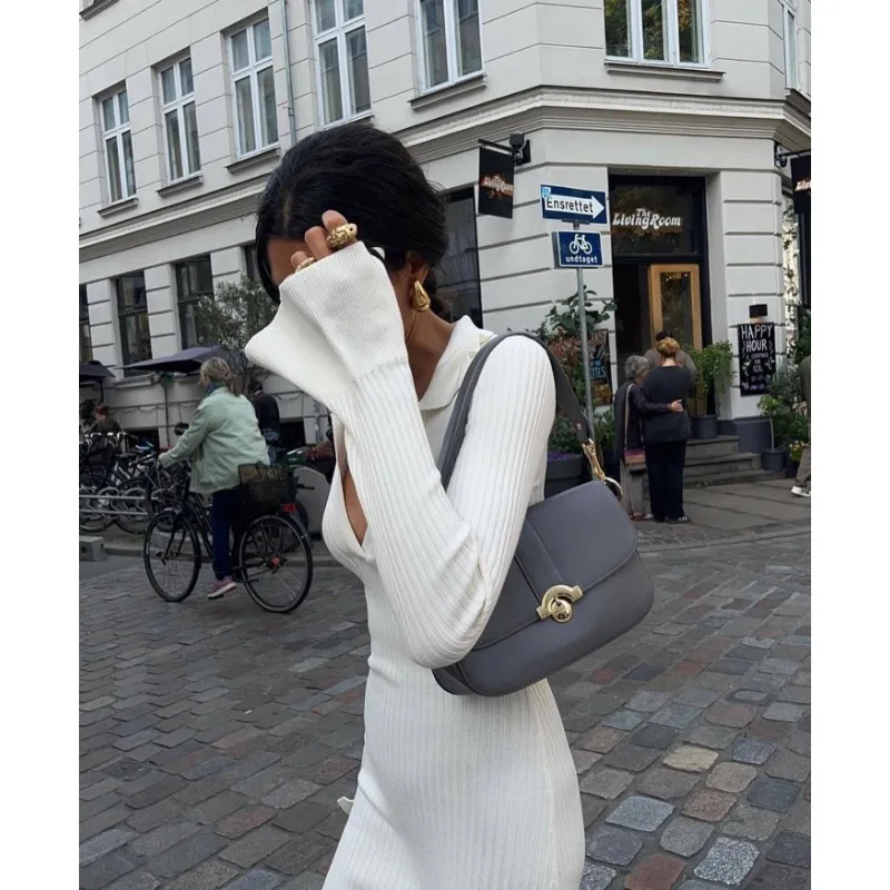 Ootddress Striped V-Neck Knit Maxi Dress For Women Ribbed Patchwork Slim Long Sleeve Elegant Party Dress Loose Knitwear Long Dress