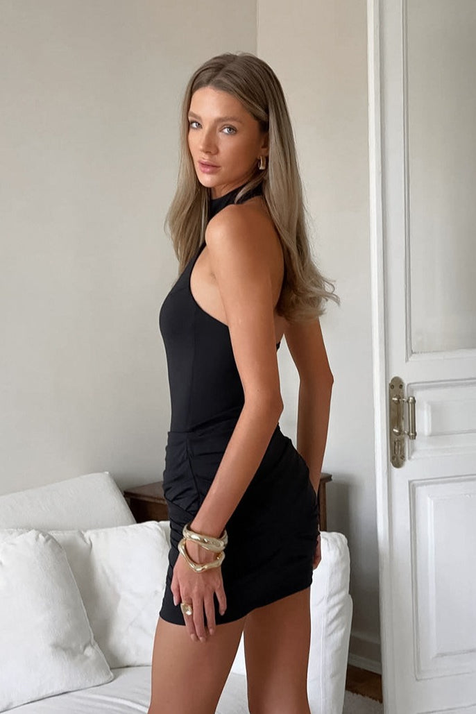 Halter Mock Neck Ruched Bodycon Mini Dress