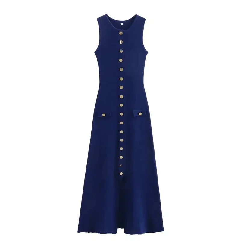 Ootddress Knit Ribbed Cardigan Maxi Dress Female High Waist Slim Pocket Sleeveless Elegant Party Dress Women's Knitwear Long Dress
