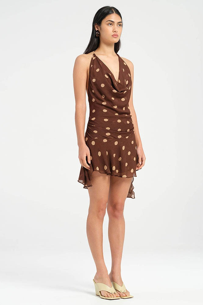 Polka Dot Chiffon Halter Cowl Neck Ruffled Hem Backless Mini Dress