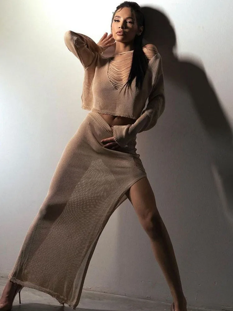 Ootddress Knitted Cover Up 2 Piece Outfits Hollow Out Crochet Knitted Suit Party Dresses Women 2 Piece Matching Set with Midi Skirt