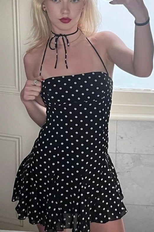Black Halter Square Neck Flounce Hem Polka Dot Bodycon Mini Dress