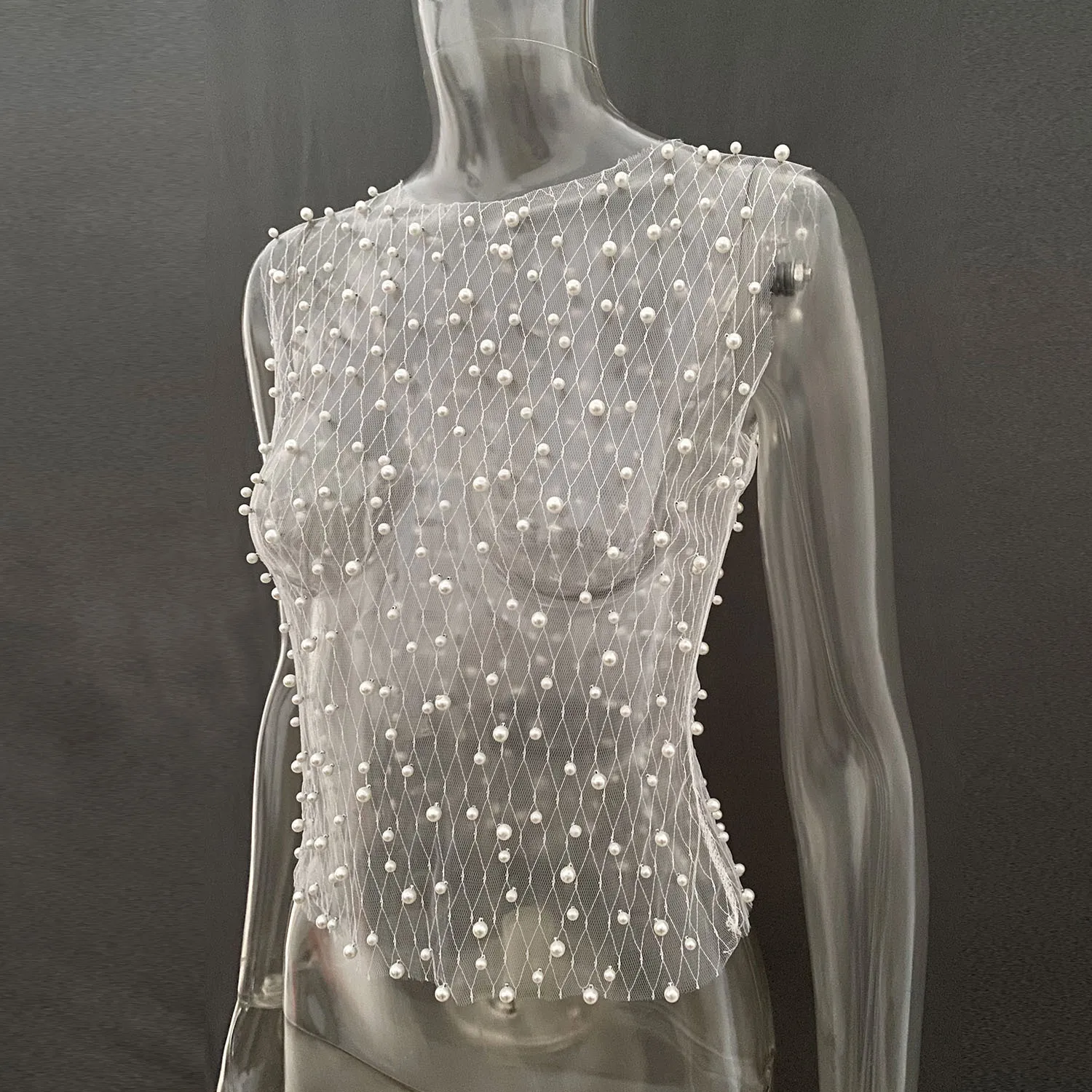 Ootddress Pearl Mesh See-Through Women Tank Top Sexy Sleeveless Round Neck Losse Summer Short T-shirt Female Y2K Fashion Vest 2025