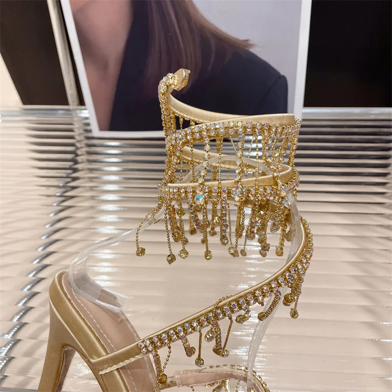 Liyke Elegant Women Wedding Banquet Crystal Tassel Stiletto Sandals Golden 13 Liyke Elegant Women Wedding Banquet Crystal Tassel Stiletto Sandals Golden