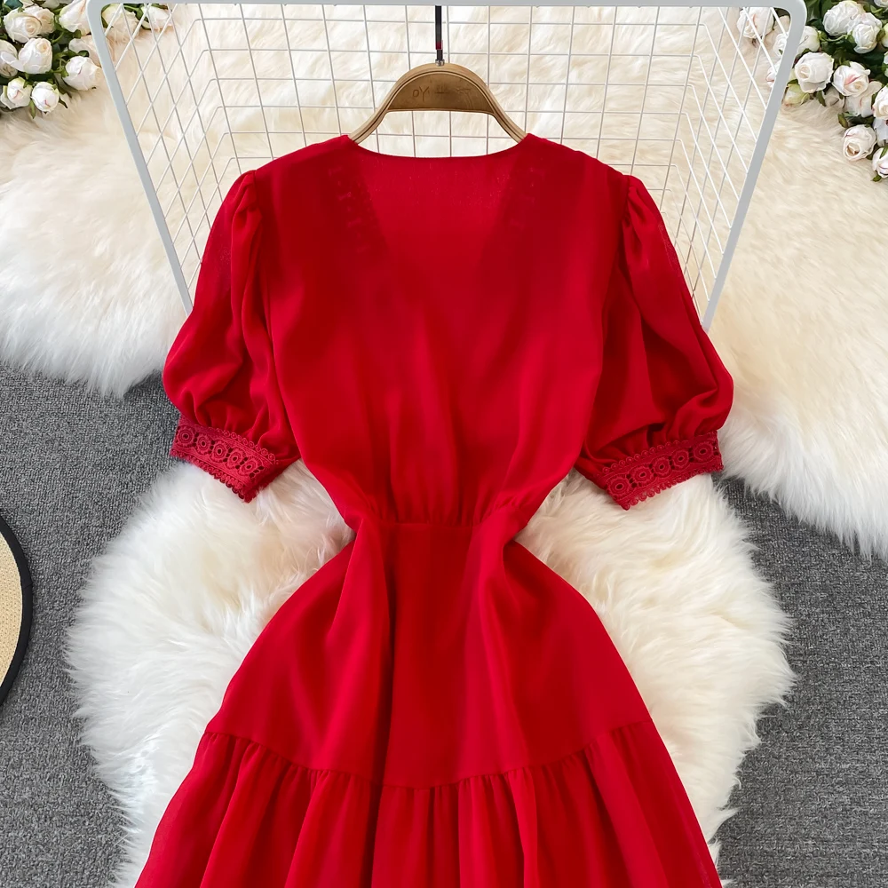 New Women Vintage Party Dress Summer Puff Sleeve Sexy V Neck Lace Single-breasted Long Dresses Ladies A Line Elegant Long Robe 17 New Women Vintage Party Dress Summer Puff Sleeve Sexy V Neck Lace Single-breasted Long Dresses Ladies A Line Elegant Long Robe