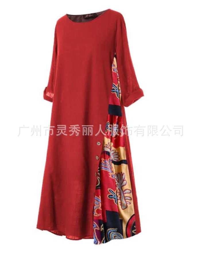 Cotton Linen Vintage Long Dresses Women Three Quarter Sleeves Splicing Print Loose A-line Dress Fashion Casual Lady Maxi Vestido 25 undefined