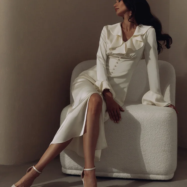 Ootddress Ruffle V Neck Elegant Dress For Women Slim Long Sleeve High Waist Temperament Dresses Femme Party Slit Long Dress Woman