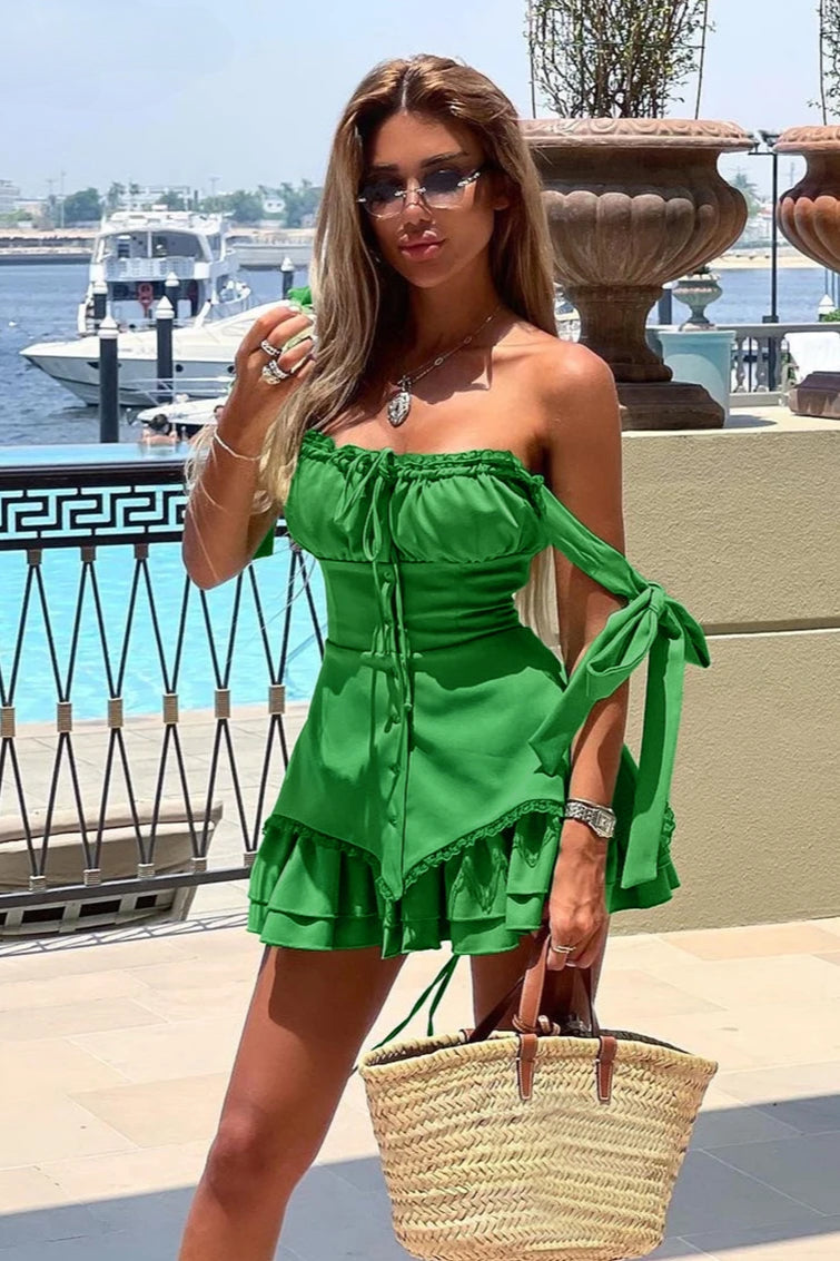 Square Neck Lace Trim Tie Shoulder Bow Strap Button Front Ruffled Tiered Corset Mini Dress