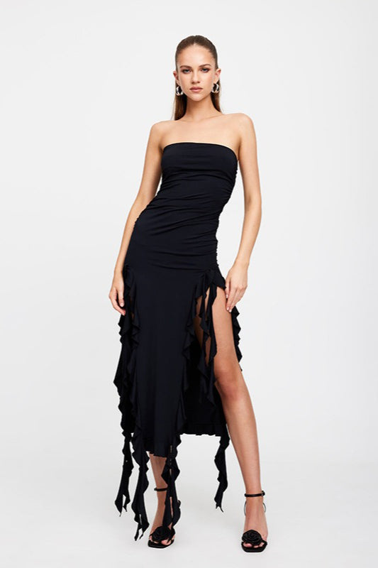 Strapless Ruched Ruffle Trim High Slit Midi Dress