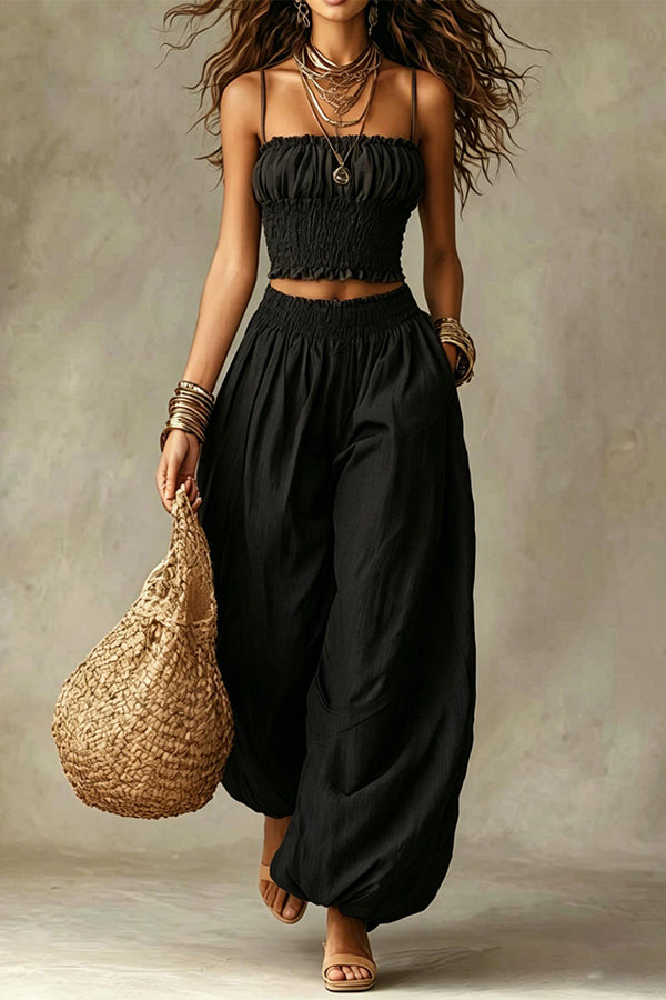 Olive Gypsy  pleated crop top and high-waisted wide-leg pants set