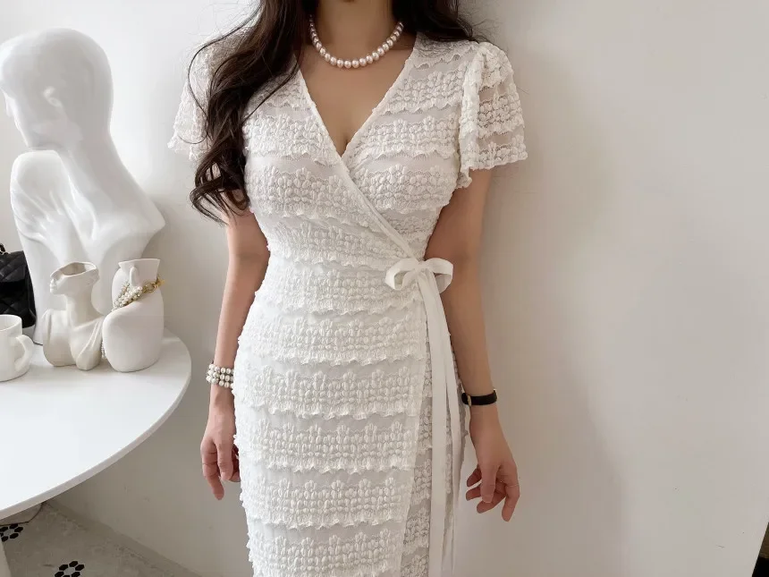 Women Elegant Bodycon Dress Summer Sexy V-neck Short Sleeve Korean Long Dresses Ladies Vintage Solid White Black Long Robe