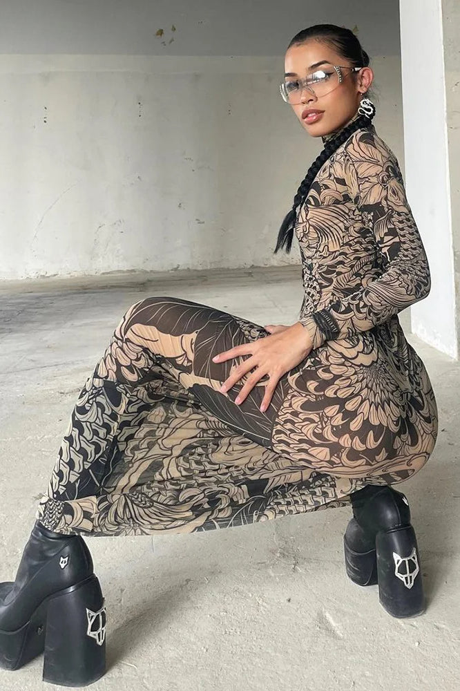 Mock Neck Long Sleeve Koi Fish Tattoo Print Mesh Bodycon Maxi Dress