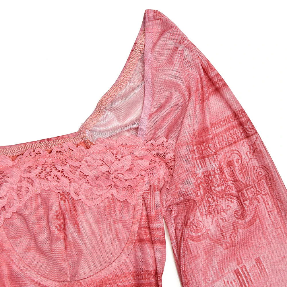 Ootddress-Long Sleeve Printed Dress for Women, Bodycon Lace Midi Dress, Elegant Party Evening Dress, Square Neck, Autumn,