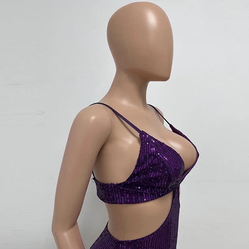 Sexy Hollow High Waist Slit Evening Dress Fashion Sequined Backless Sleeveless Elegant Party Dresses Solid Long Graduation Dress 162 undefined