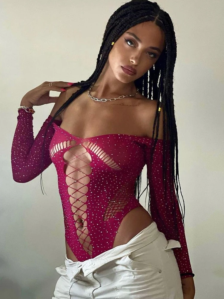 Ootddress Crystal Mesh Sexy Bodysuit Lingerie Black See Through Backless Hollow Out Bodysuit Nightclub Party Hot Workwear Playsuit