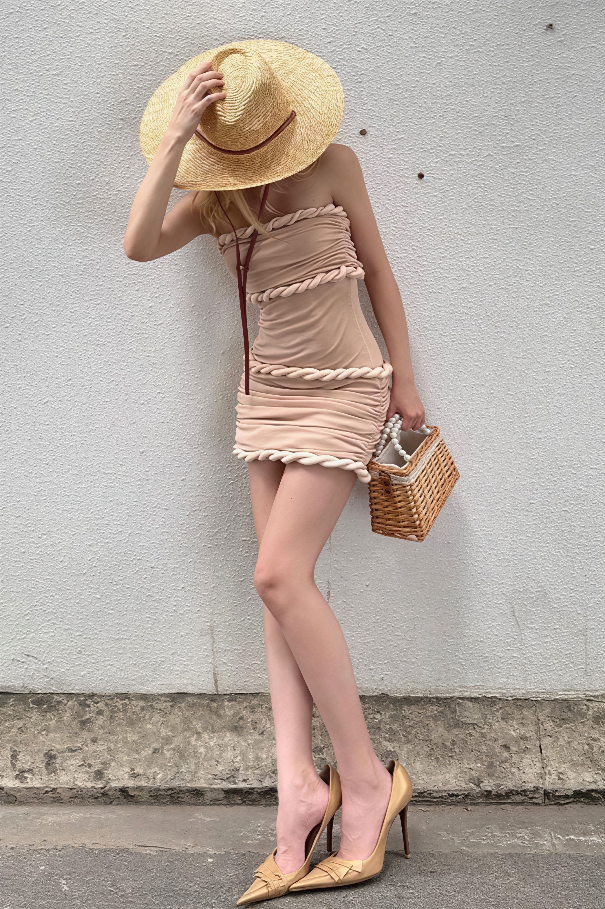 Strapless Ruched Rope Trim Horizontal Cord Bodycon Mini Dress