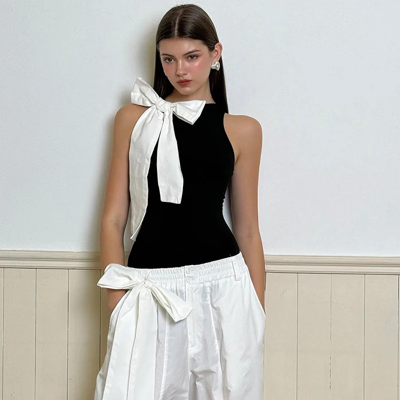 Fashion Slim Fit Sleeveless High Neck One Line Shoulder Bow Bodysuit - Women's Sexy Versatile Pullover