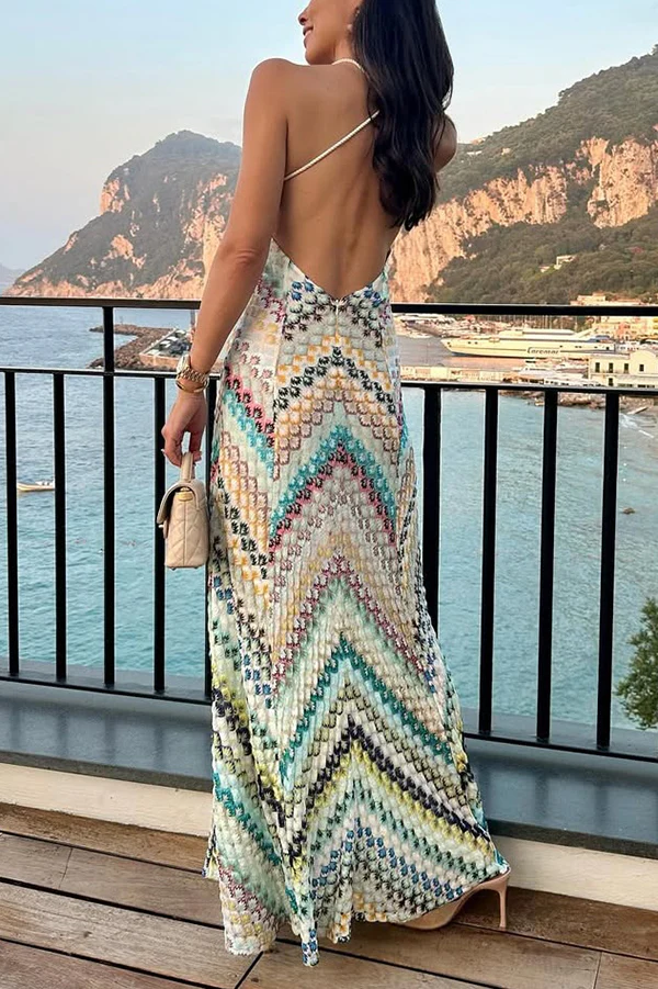 Missoni Summer Knit Colorful Herringbone Print Open Beck Maxi Dress