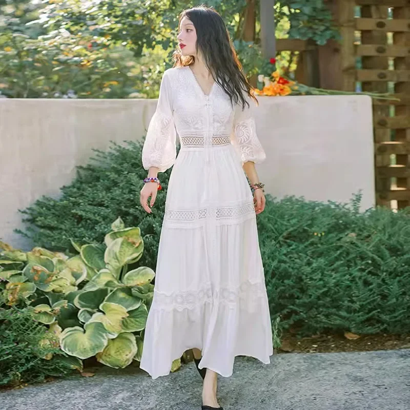 Bohemian White Beach Dress Women Elegant Party Dresses Spring Auutm V-neck Sexy Hollow Out High Waist Long Robe Vestidos