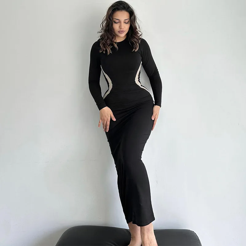 Ootddress Black Patchwork Slim Dress For Women Long Sleeve Fashion Contrast Bodycon Elegant Party Dress Ladies Casual Maxi Dress