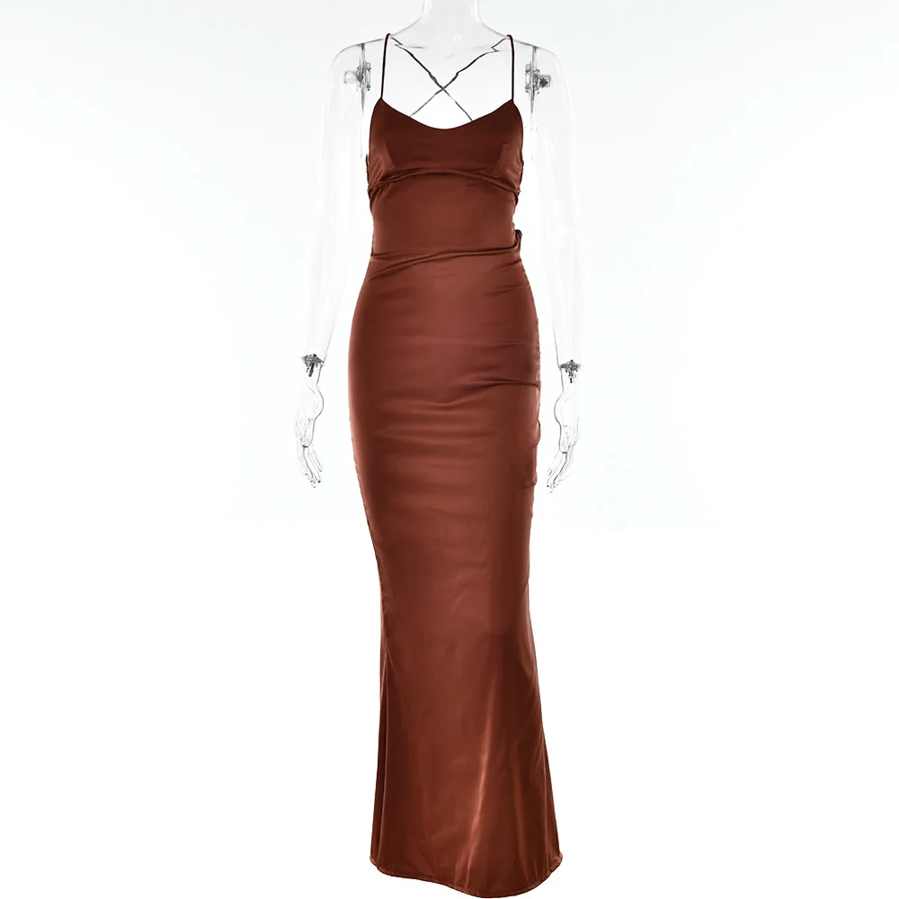 Ootddress Satin Backless Maxi Dress For Women 2025 Autumn New Spaghetti Strap Sleeveless Bodycon Long Dress Vestido Clubwear