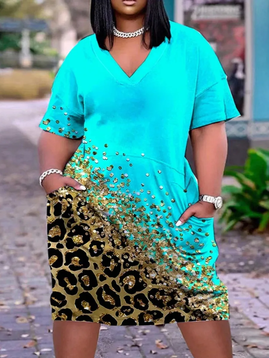 Plus Size Imitation Denim V Neck Pocket Design Dress Women's T-Shirt Summer Loose Dress Vestidos 19 Plus Size Imitation Denim V Neck Pocket Design Dress Women's T-Shirt Summer Loose Dress Vestidos