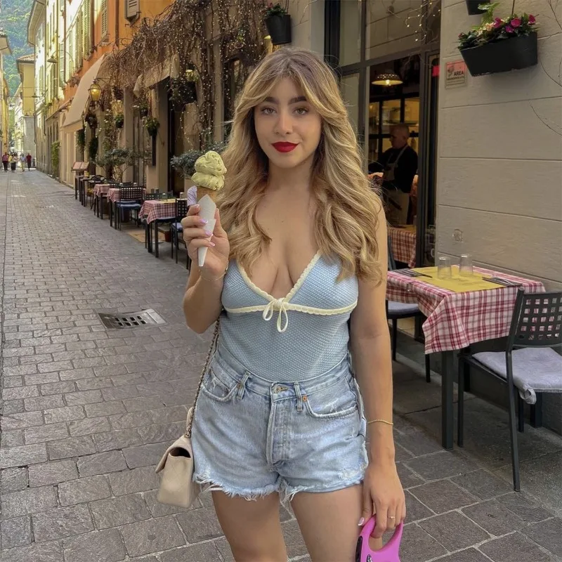 Ootddress Retro Deep V Neck Crop Top Women Y2k Ruffle Vintage Tank Tops Womens Tie Up Bow Knitted Woman Backless Cute Tops 2025 New