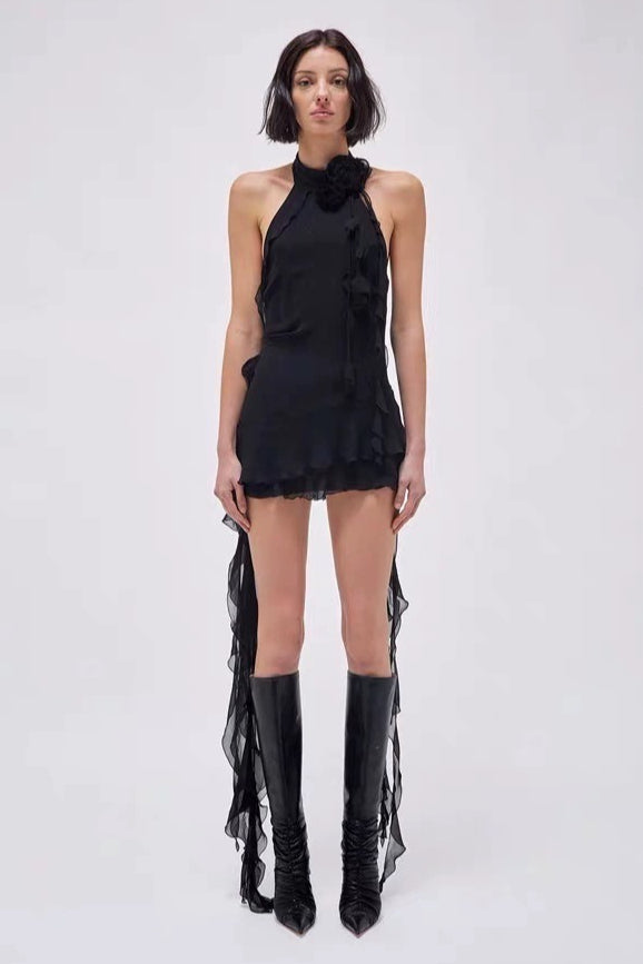 Asymmetric Rosette Applique Halter Mini Dress