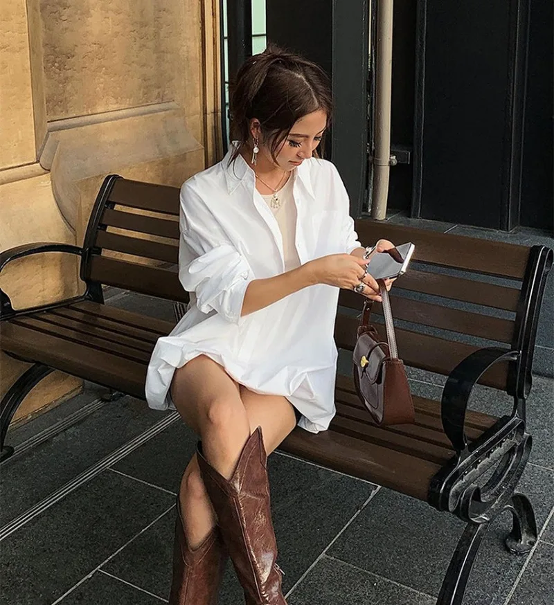 Ootddress Oversized Shirts Dress Women 2025 New Fashion Baggy Turn Collar Cover-up Femme Casual Loose Holiday Beach Dresses Womens