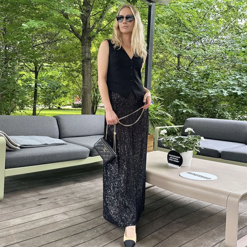 Ootddress Sequins Loose Dress Sets Women Long Sleeve Crop Tops High Waist Sexy Maxi Skirts Ladies Two Piece Suits Womens Outifits