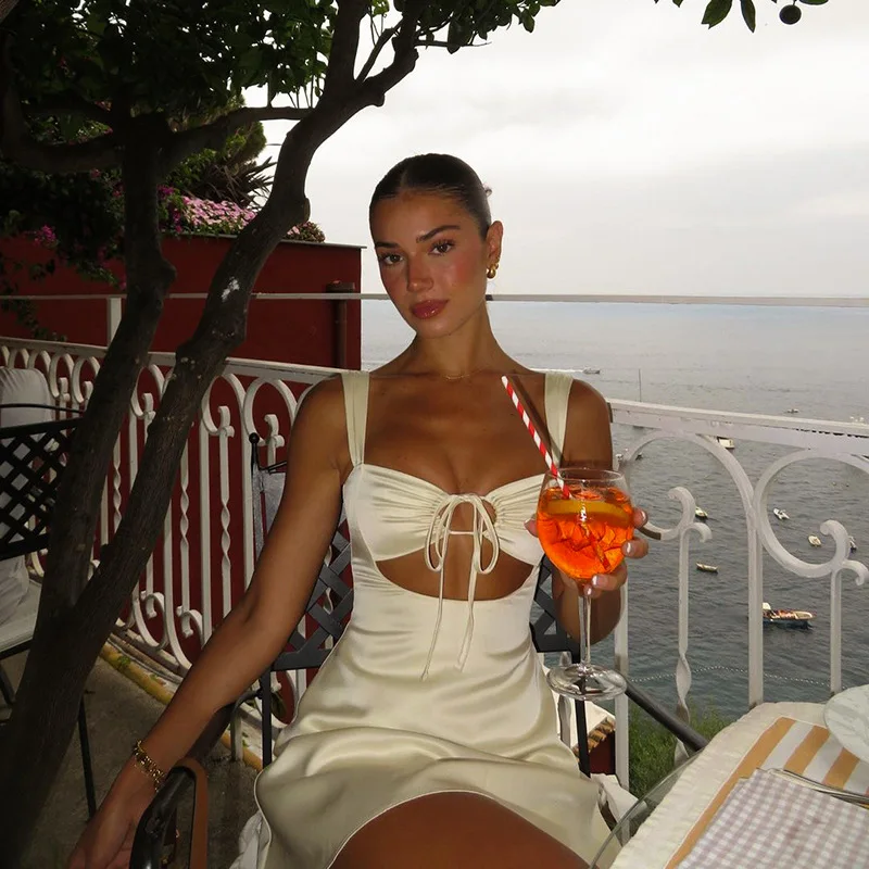 Ootddress Bandage Sexy Sheath Dress For Women 2025 Summer Hollow Out Lace Up Sundress Femme Beach Sexy Slim Elegant Dresses Woman