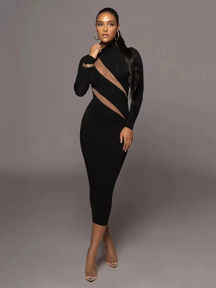 Ootddress Autumn/Winter Long Sleeve Mesh Patchwork Dress Women's Perspective Bodycon Midi Dress Female Elegant Party Evening Dress