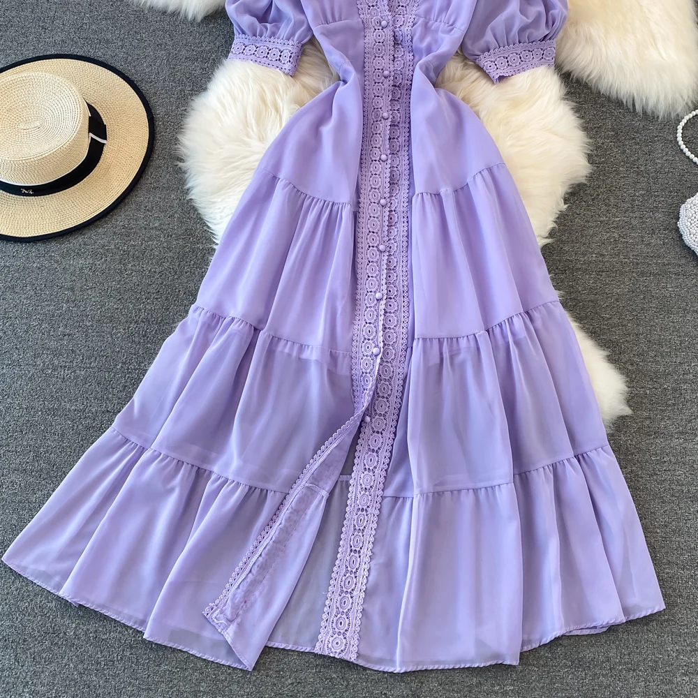 New Women Vintage Party Dress Summer Puff Sleeve Sexy V Neck Lace Single-breasted Long Dresses Ladies A Line Elegant Long Robe 31 New Women Vintage Party Dress Summer Puff Sleeve Sexy V Neck Lace Single-breasted Long Dresses Ladies A Line Elegant Long Robe