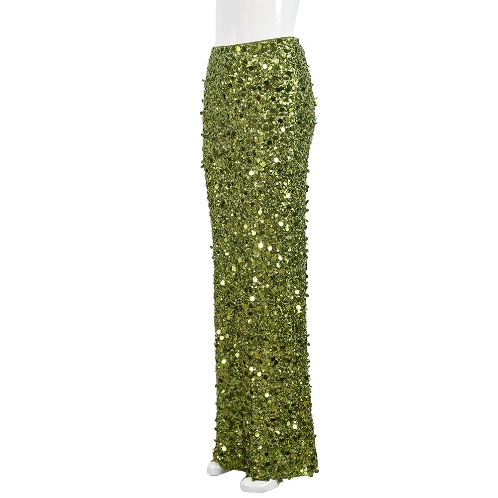 Ootddress Fashion Glitter Sequin Maxi Skirt For Women Slim Patchwork Sexy Party Looks Solid Shiny Metallic Luxury Ladies Long Skirt