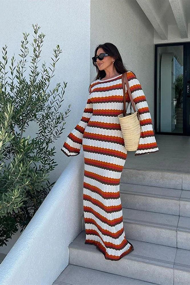Zigzag Crochet Knit Boat Neck Bell Sleeve Bodycon Maxi Dress