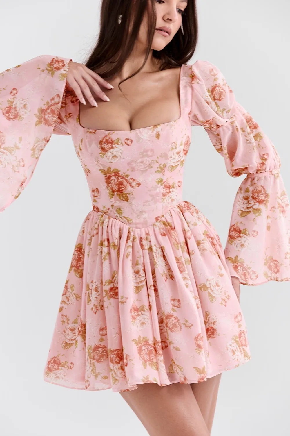 Ootddress Elegant Horn Long Sleeve Bodycon Printed Short Skirt Female Sexy Square Neck Slim Female Dress Party Club Evening Dress