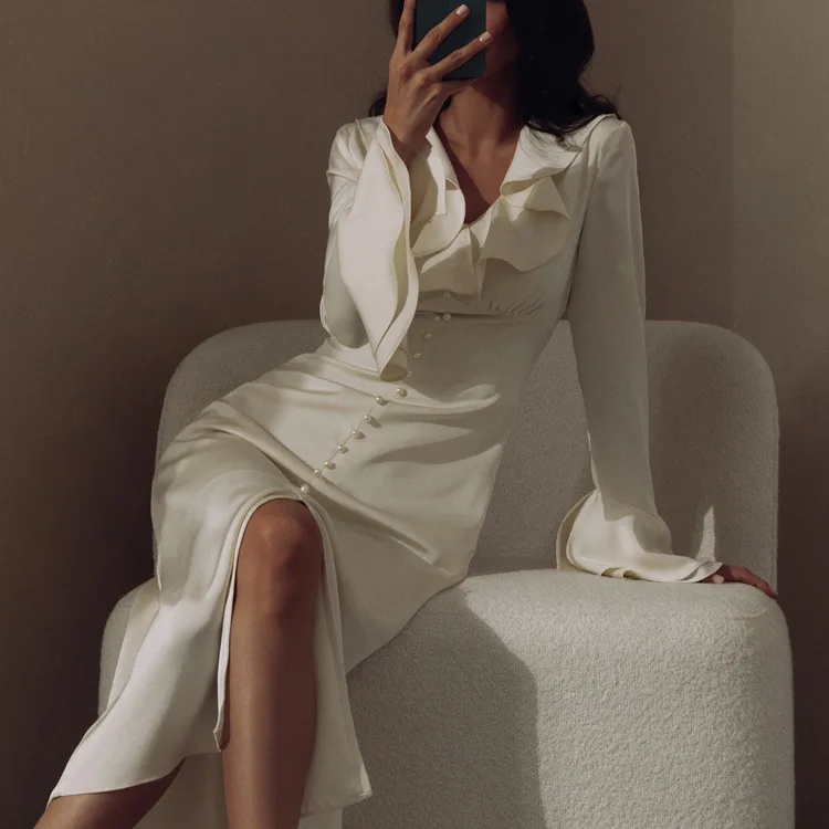 Ootddress Ruffle V Neck Elegant Dress For Women Slim Long Sleeve High Waist Temperament Dresses Femme Party Slit Long Dress Woman