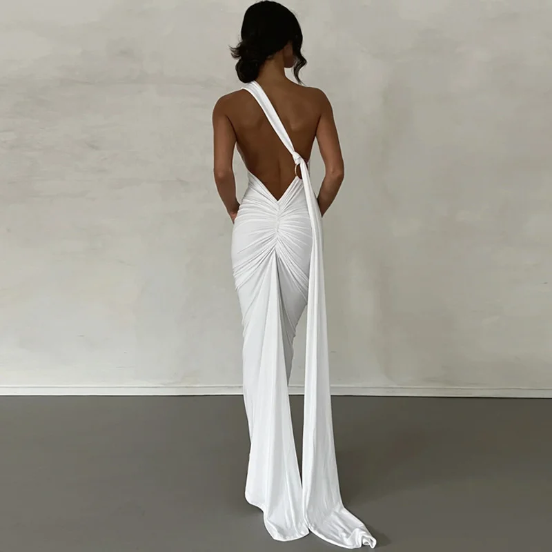 Ootddress Oblique Shoulder Backless Maxi Dress For Women Gown Summer Back Strap Sleeveless Ruched Party Sexy Long Dress Vestidos