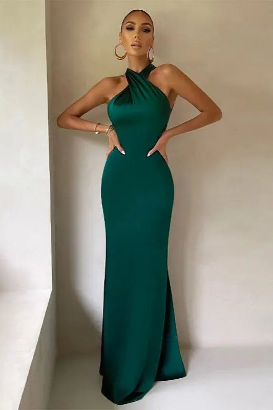 Crossover Halter Neck Mermaid Satin Maxi Gown