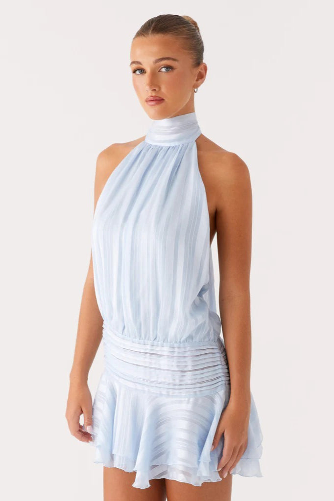 Jacquard Stripe Halter Neck Smocked Waist Tiered Ruffle Mini Dress