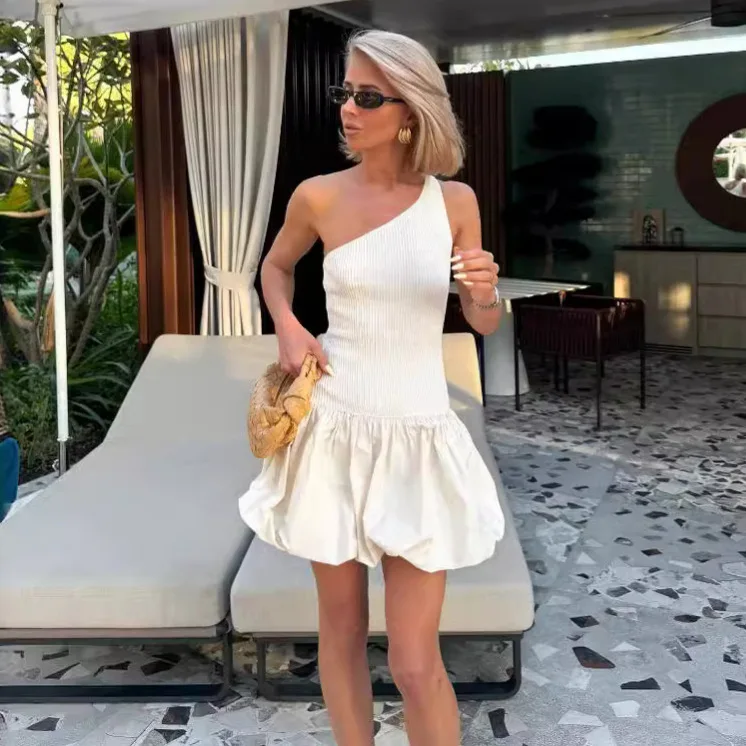 Ootddress Knitted One Shoulder Short Patchwork Dress Women's Summer Folds Backless Sleeveless Knitwear Ball Gown Princess Mini Dress