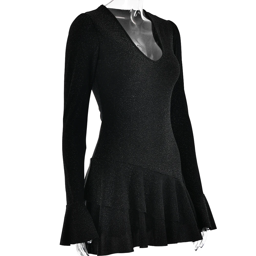 2.jpg Sexy DeepV Brilliant Silk Long Sleeve Dress Women Ruffled Bodycon Mini Dress Female Tight Elegant Party Evening Vestidos