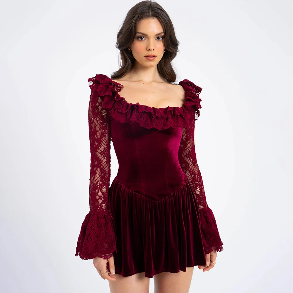 Ootddress Elegant Long Sleeve Lace Patchwork Tight Dress Women Sexy Trumpet Sleeves Slim Skirt Autumn/Winter New 2025 Vestido